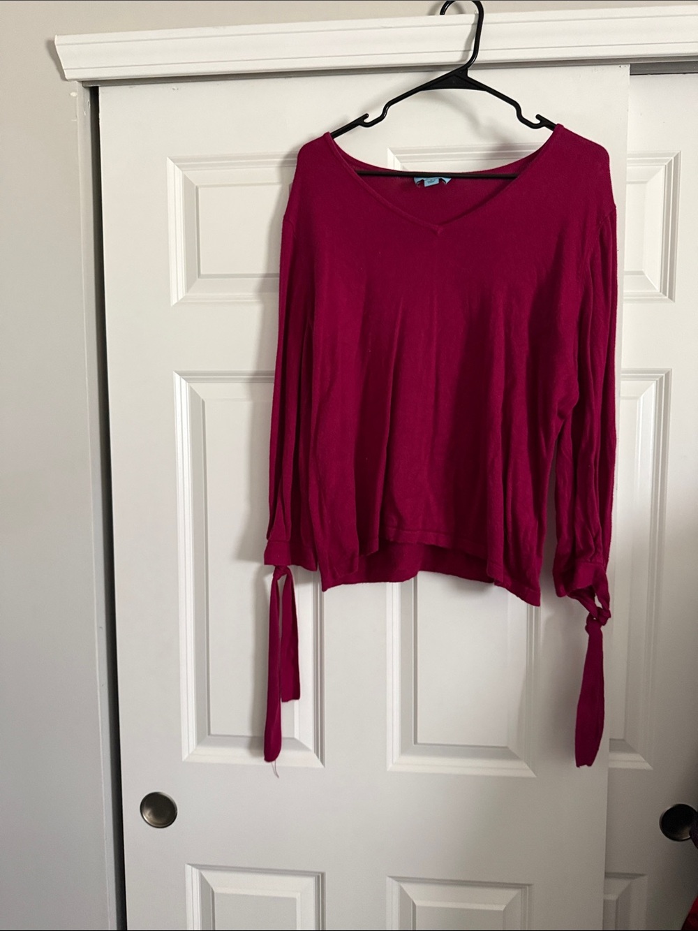 CeCe Magenta V-Neck Long Sleeve Top with Tie Cuffs
